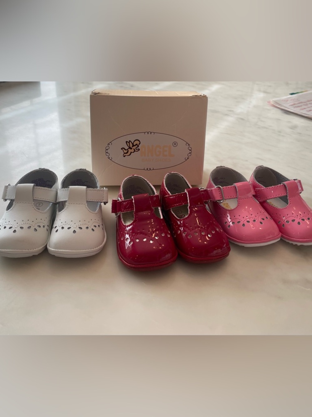 L’Amour Angel Baby Shoes Patent T-Strap Mary Janes - Red, Pink, White
